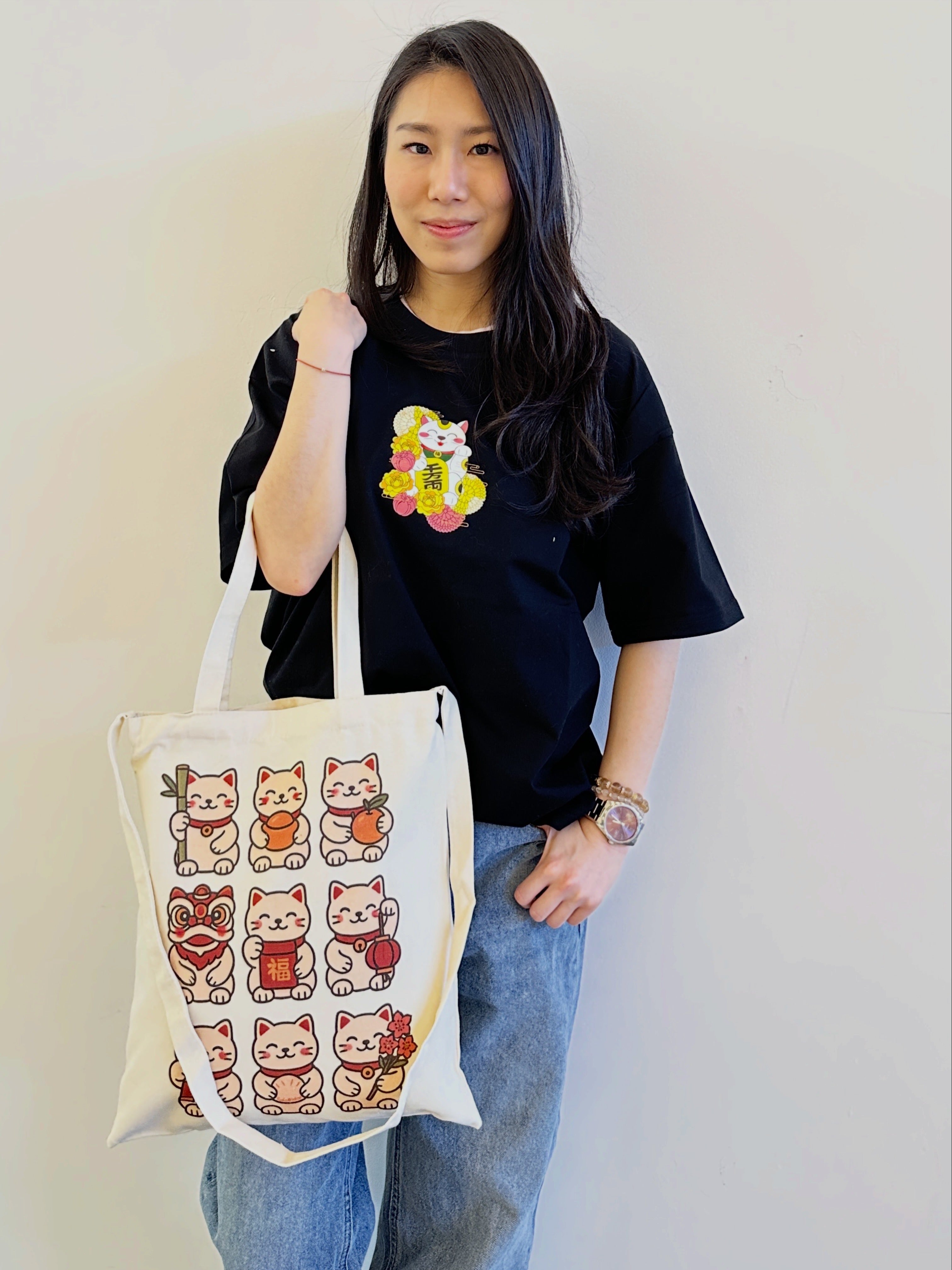 Lucky Cat Canvas Tote Bag with Crossbody Strap