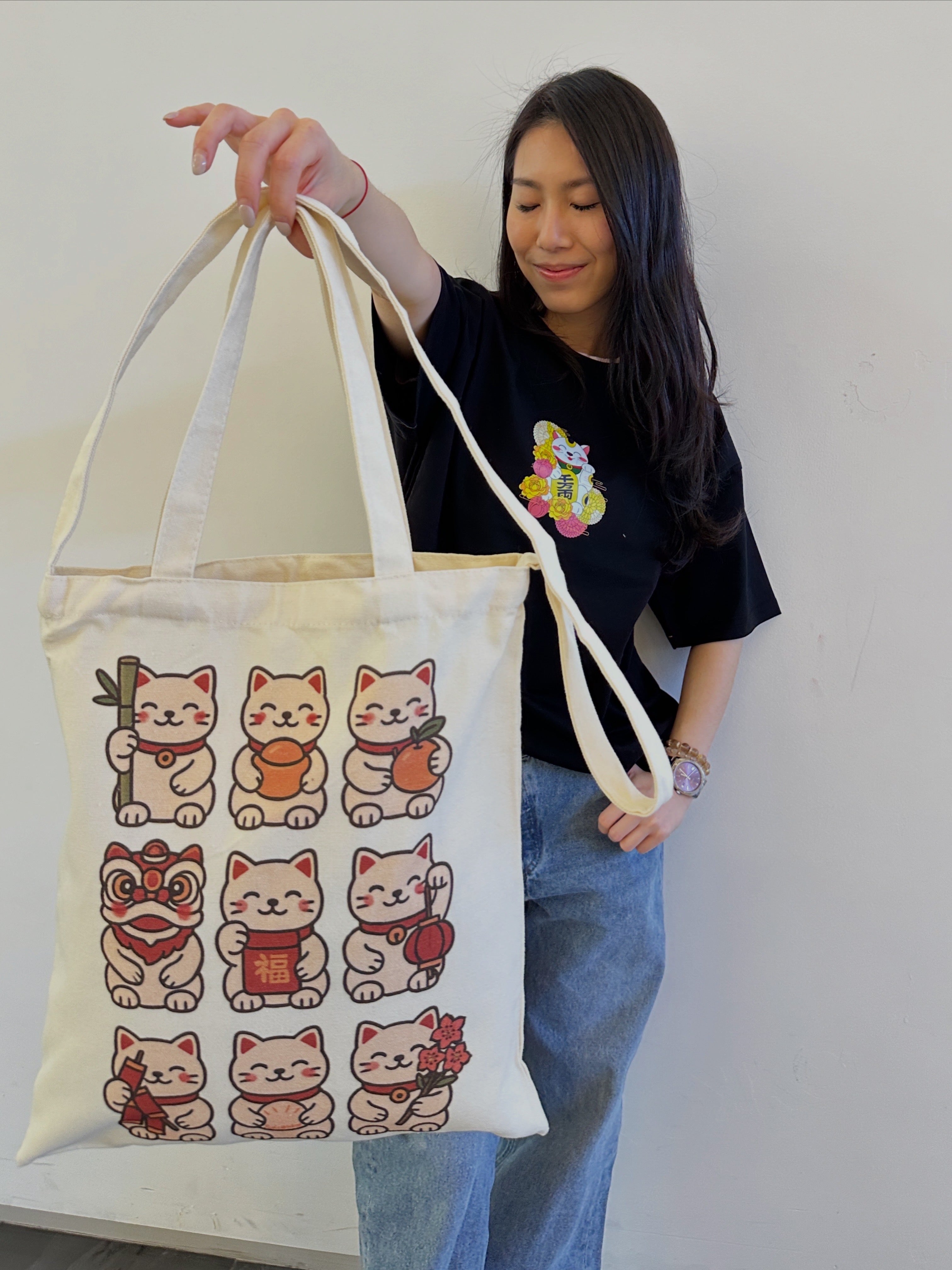 Lucky Cat Canvas Tote Bag with Crossbody Strap