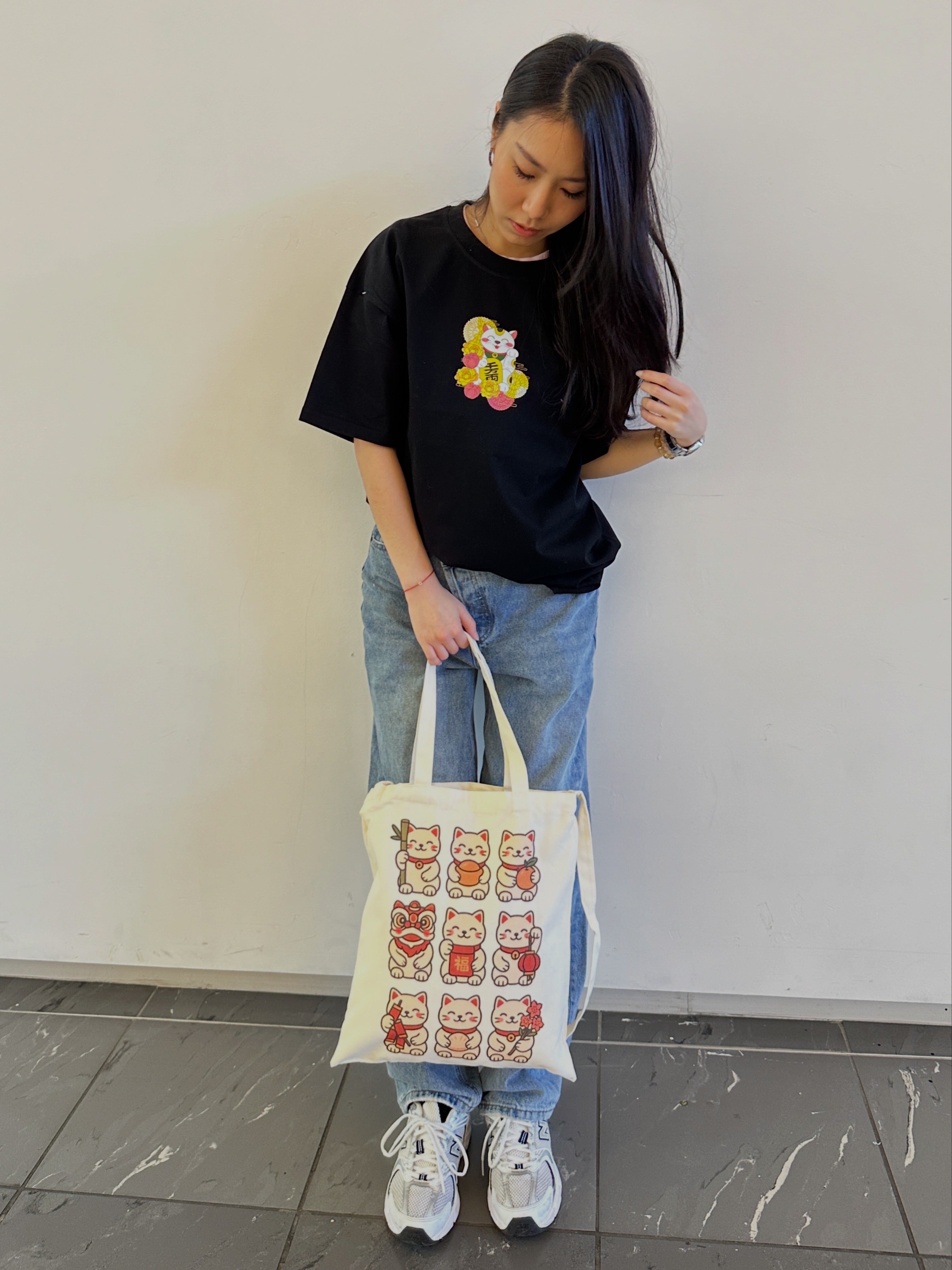 Lucky Cat Canvas Tote Bag with Crossbody Strap