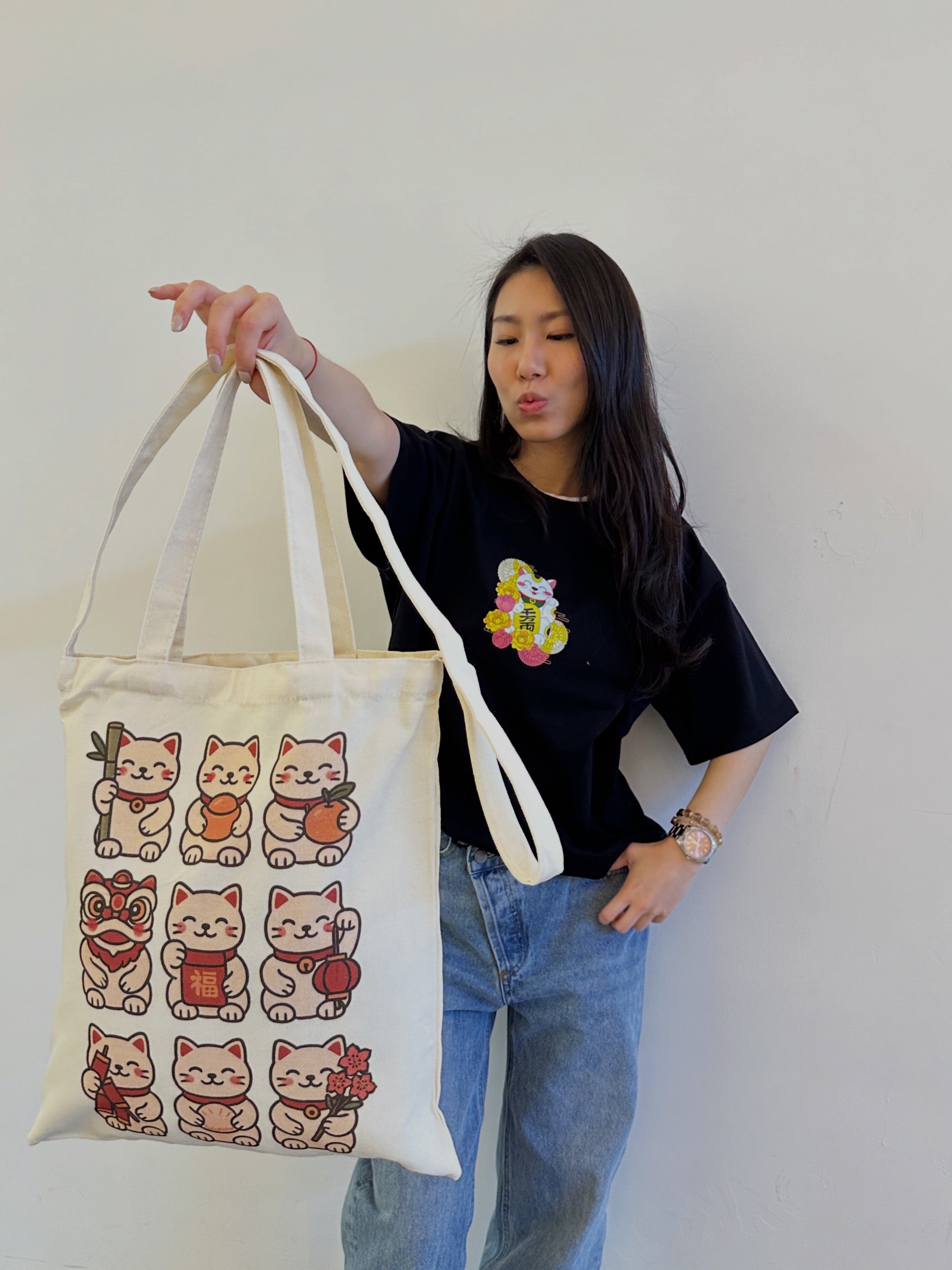 Lucky Cat Canvas Tote Bag with Crossbody Strap