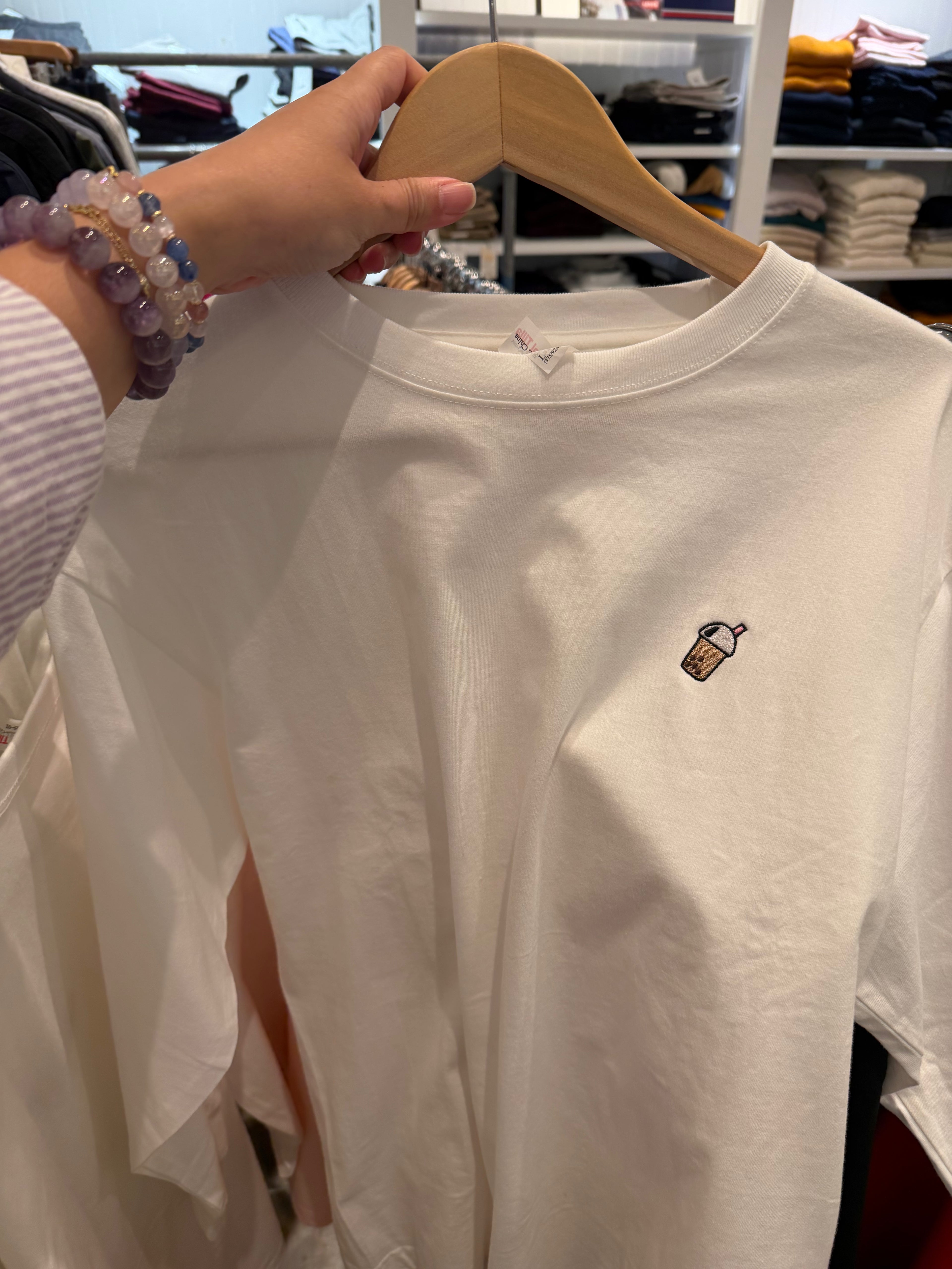Bubble Tea Embroidered Oversized Long Sleeve T-Shirt – 100% Cotton 珍珠奶茶刺繡寬鬆長袖T恤
