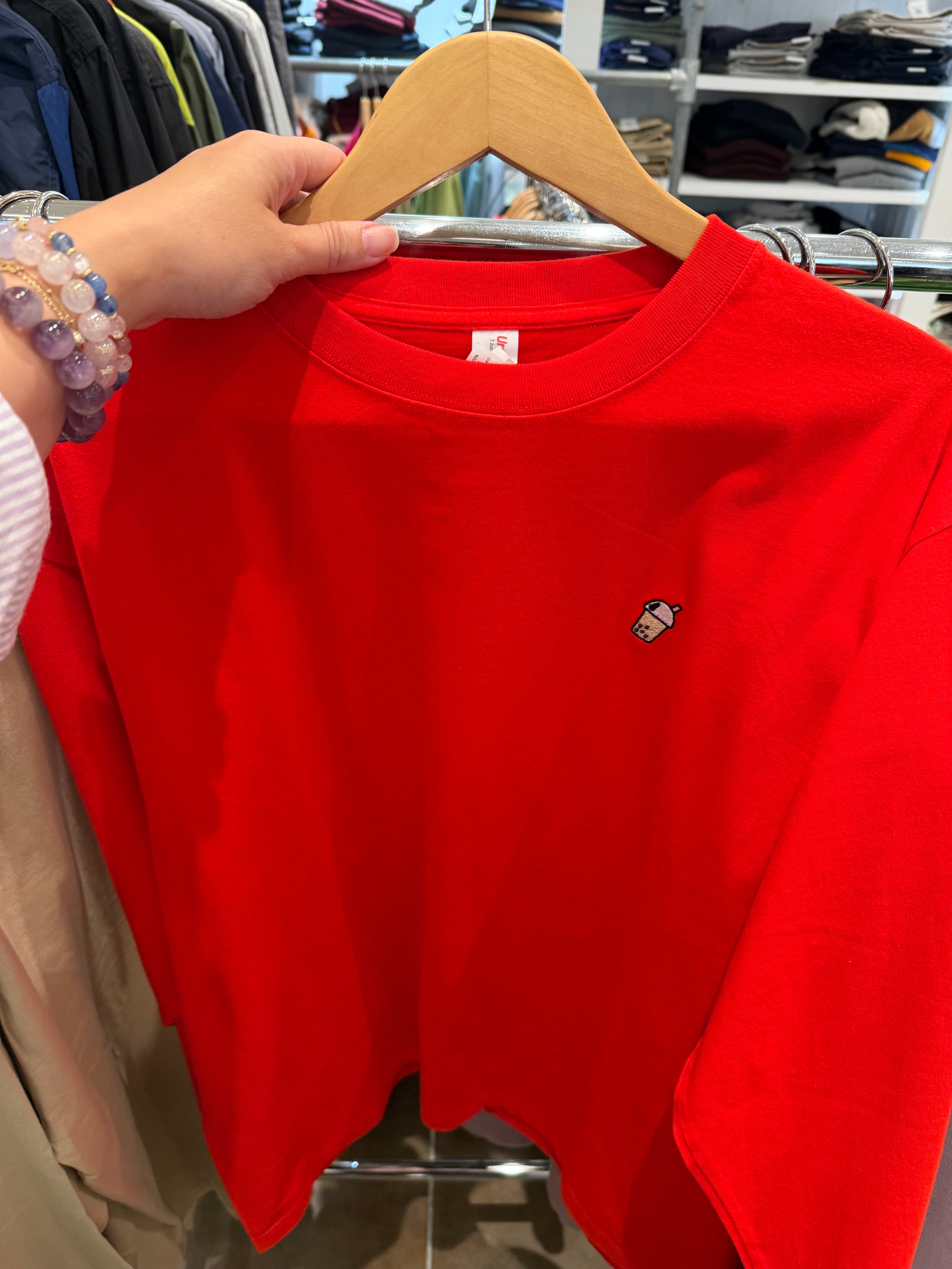 Bubble Tea Embroidered Oversized Long Sleeve T-Shirt – 100% Cotton 珍珠奶茶刺繡寬鬆長袖T恤